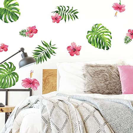 RoomMates RMK3904SCS Tropical Hibiscus Flower Peel And Stick Wall Decals, Pink, Green, Orange, 4 Sheets 9" x 17.375"