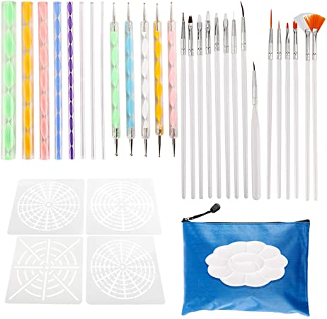 33 pcs Mandala Dotting Tools Rock Kit with Mandala Stencil Stylus Brushes Paint Tray Blue Zipper Storage Bag for Painting Rocks/Stones, Nail Art, Embossing Pattern, Drawing