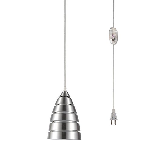 Creatgeek Updated Plug-In Industrial Pendant Light with Clear 15' Cord and In-Line On/Off Dimmer Switch, Modern Brushed Nickel Finish Ceiling Lamp