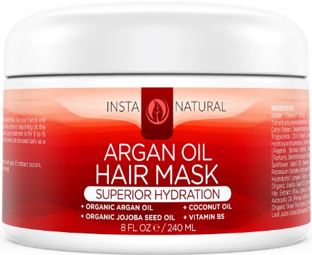 InstaNatural Argan Oil Hair Mask - Best Conditioner Treatment for Soft & Silky Hair - With Organic Argan Oil, Organic Jojoba Oil, Coconut Oil, Vitamin B5 & Green Tea - Provides Deep Moisture - 8 OZ