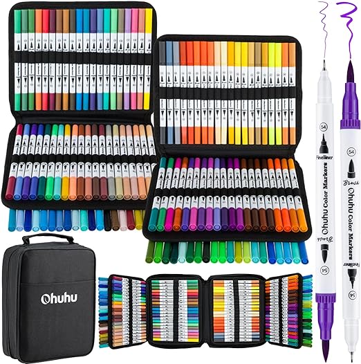 Ohuhu Markers for Adult Coloring Books: 160 Colors Brush Pens Dual Brush Fine Tip Drawing Pens Water-Based Coloring Markers for Calligraphy Bullet Journal with Carrying Case -Maui (White Package)