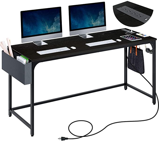 Rolanstar Computer Desk, Home Office Writing Desk with Power Outlet, Study Table with Side Storage Bag and Iron Hooks, Workstation, Modern Simple Style, Stable Metal Fram,Black,63"