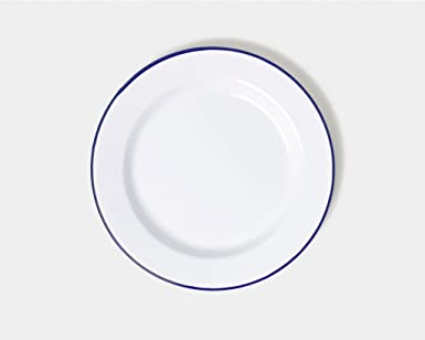 Genware 45026 Enamel Wide Rim Plate, 26 cm, White/Blue