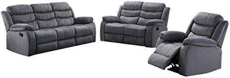 AC Pacific Jim Collection Contemporary 3-Piece Reclining Living Room Upholstered Sofa, Set with 5, Loveseat & Reclining Chair, Grey