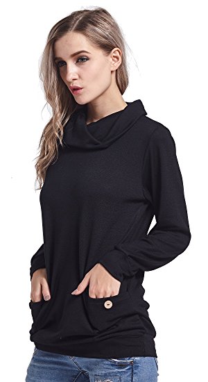 BESUMA Womens Slim Tunic Long Sleeve Button Cowl Neck Casual Tops With Pockets