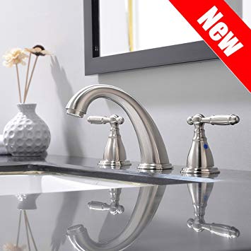 PHIESTINA Solid Brass Brushed Nickel Two Handle Widespread Bathroom Sink Faucet, Brushed Nickel 2 Handles Widespread Bathroom Faucet With Stainless Steel Pop Up Drain