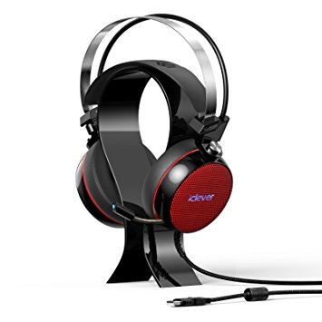 iClever HS20 Gaming Headphones with Noise-canceling MIC, 7.1 Surround Sound Headset with Stand, LED Light, Vibration Tuner for PC, Tablet, Computer, Red Black