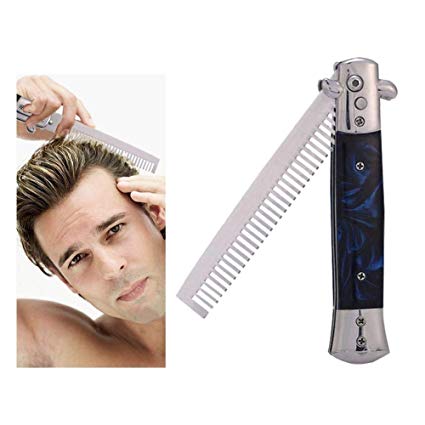Switchblade Spring Folding Push Button Pocket Comb Oil Hair Styling (Blue)