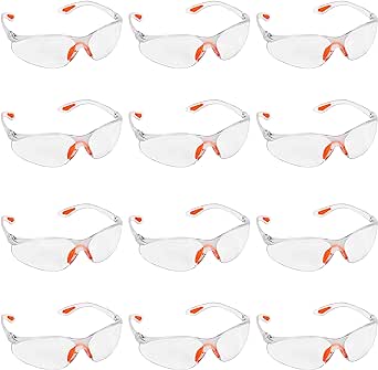 12 Pack of Wrap Around Safety Glasses with Clear Lenses and Rubber Nose and Ear Grips for a Safe Fit - Personal Protective Equipment with Scratch Resistant Eyewear Lenses - PPE Safety Goggles