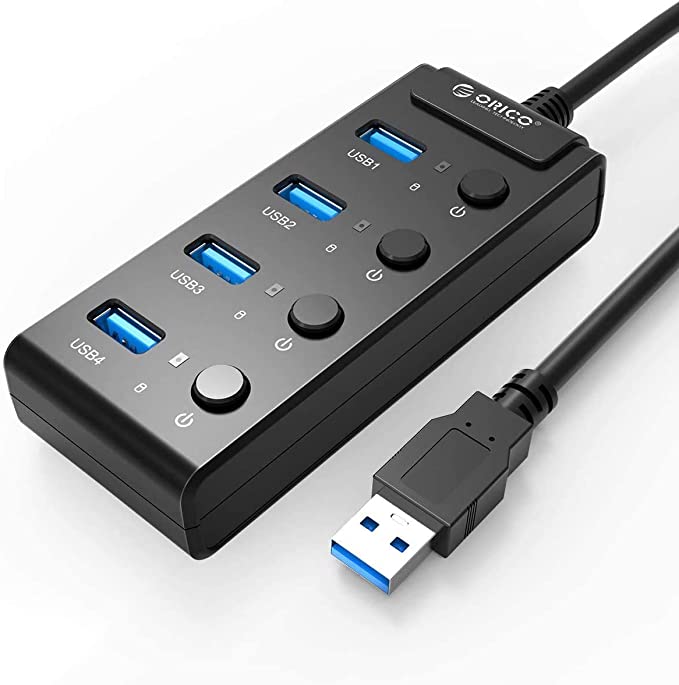 ORICO 4-Port USB Hub, USB hub 3.0 Powered with Individual Switches and LEDs for Windows, Mac, Linux, PC, and Laptop - Black