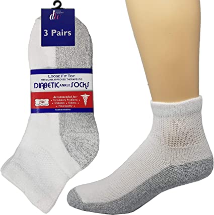 Debra Weitzner Diabetic Socks Mens Womens Non-Binding Cushion Socks Reinforced Heel Cotton 3 Pack Ankle White/Grey Sole 10-13