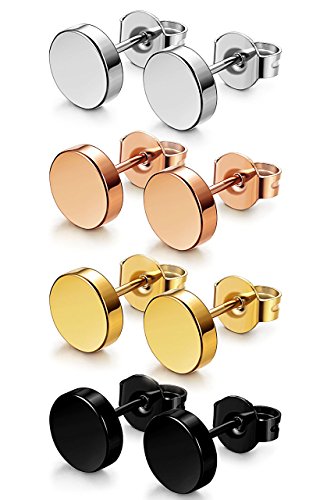 FIBO STEEL 4 Pairs Stainless Steel Stud Earrings for Men Women Ear Piercings Set,3-8MM Available
