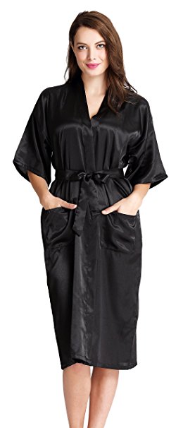 Aibrou Women's Kimono Robe Dressing Gown Long Classic Satin Wedding Nightwear