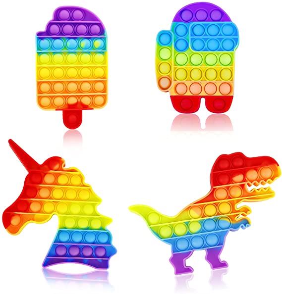 Push It Pop Bubble Fidget Sensory Toy 4 Pack - Rainbow Ice Cream Unicorn Dinosaur Popitz Cute Figet Poppits Popper Figetget Autism Anxiety ADHD Stress Relief Game Gift for Kids Children Teens