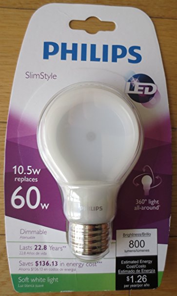 Philips 433227 10.5-watt Slim Style Dimmable A19 LED Light Bulb, Soft White (Pack of 4)