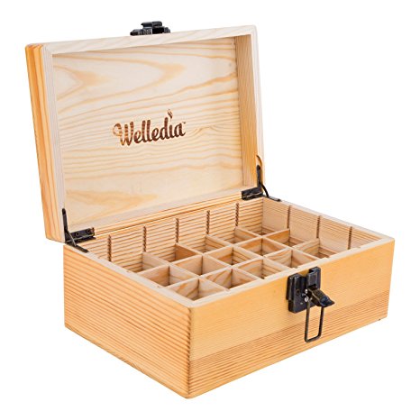 Welledia AromaStorage Essential Oil Wooden Box, Large, Fits 24 x 5-30ML Bottles - Customizable Dividers   Metal Clasp - Elegant Wooden Look, Impressive Home Décor - Travel Safe, Lightweight & Compact