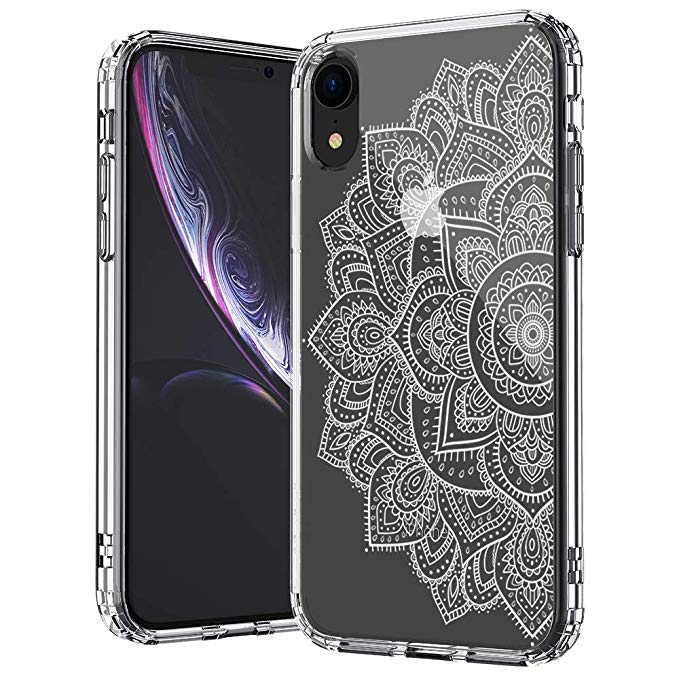 MOSNOVO iPhone XR Case, Clear iPhone XR Case, White Floral Henna Mandala Flower Pattern Clear Design Transparent Plastic Hard Back Case with TPU Bumper Protective Case Cover for Apple iPhone XR