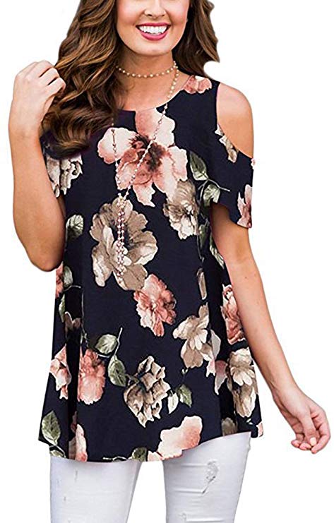 Womens Summer Cold Shoulder Shirts Casual Loose Short Sleeve Floral Printed Tunic Blouse Tops