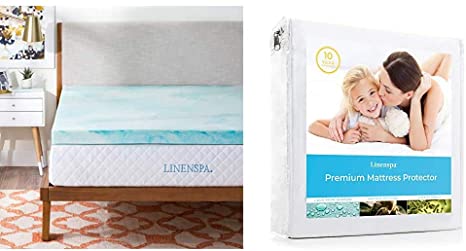 Linenspa 3 Inch Gel Swirl Memory Foam Topper-King & Premium Smooth Fabric Mattress Protector-100% Waterproof-Hypoallergenic-Vinyl Free Protector, King, White