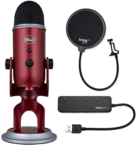 Blue Mirophones Yeti Crimson Red USB Mic Bundle with Knox Gear USB Hub and Pop Filter (3 Items)