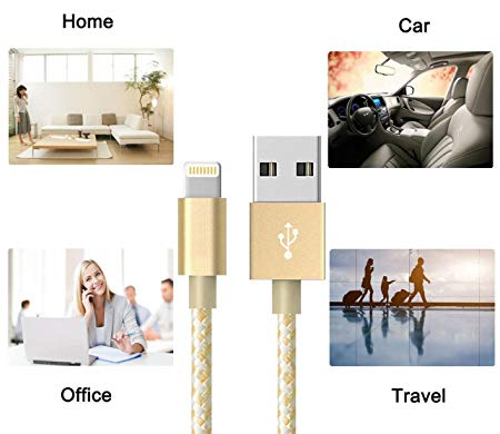 BRIGHTT iPhone charger Nylon Braided Charger Cable (MFi Certified) USB Car charger (6ft) for iPhone 5 6 7 8 S Plus, iPad Pro Air, iPad mini, iPod touch, nano (Gold)