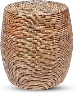 KOUBOO La Jolla Round Rattan Stool, Side Table, Handmade, Extra Seating, Patio, Living Room, Boho Decor, End Table, Honey Brown, 18" by 18"