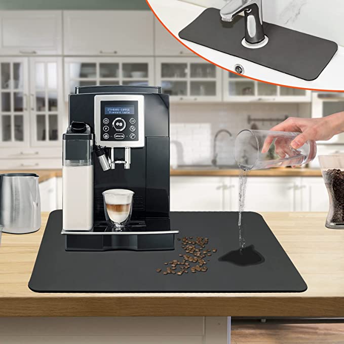 Coffee Mat & Faucet Mat,Coffee Maker Mat for Countertops,Dish Drying Mat for Kitchen,Coffee Bar Accessories Fit Under Coffee Machine Coffee Pot -Faucet Handle Drip Catcher Tray Mat Dark Grey