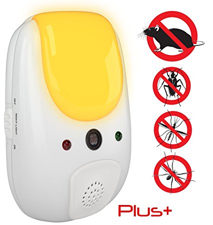 Sania Pest Repeller Plus  Effective Sonic Defense Repellant Keeps Roaches, Spiders, Mosquitos, Mice, Bed Bugs Away - Electronic Ultrasonic Deterrent for Inside Your Home - Relaxing Amber Night Light