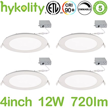 Hykolity 4 Inch Ultra Thin LED Recessed Ceiling Light CRI 90  Dimmable Downlight with Junction Box 12W 720lm [60W Equivalent] 4000K Neutral White ETL Listed - Pack of 4