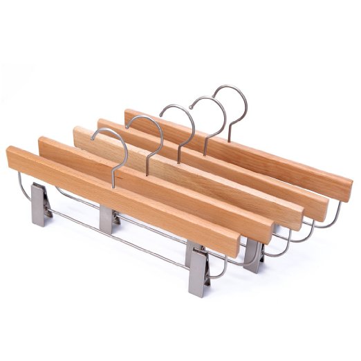 J.S. Hanger Deluxe Beech Wooden Pant Skirt Hangers with 2-Adjustable Clips, Natural Finish, 5-Pack
