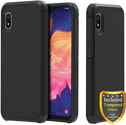 Galaxy A10e Case, Full Cover Tempered Glass Screen Protector, ATUS Hybrid Dual Layer Protective TPU Case (Black/Black)