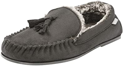 Dunlop Mens Duke Moccasin Slippers Loafers Faux Suede Soft Faux Fur Lining with Outdoor Sole