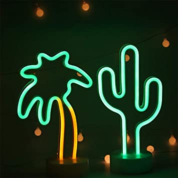 LED Cactus and Palm Tree Shaped Neon Sign Lights LED Battery/USB Powered Neon Light with Holder Base Perfect for Bedroom Home Decoration Wedding Christmas Birthday Holiday Bar Luau Summer Party