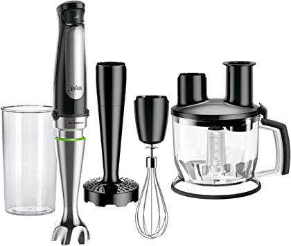 Braun MQ7077X 4-in-1 Immersion Hand, Powerful 500W Stainless Steel Stick Blender Variable Speed   6-Cup Food Processor, Whisk, Beaker, Masher, High Quality Faster, Finer Blending, MultiQuick