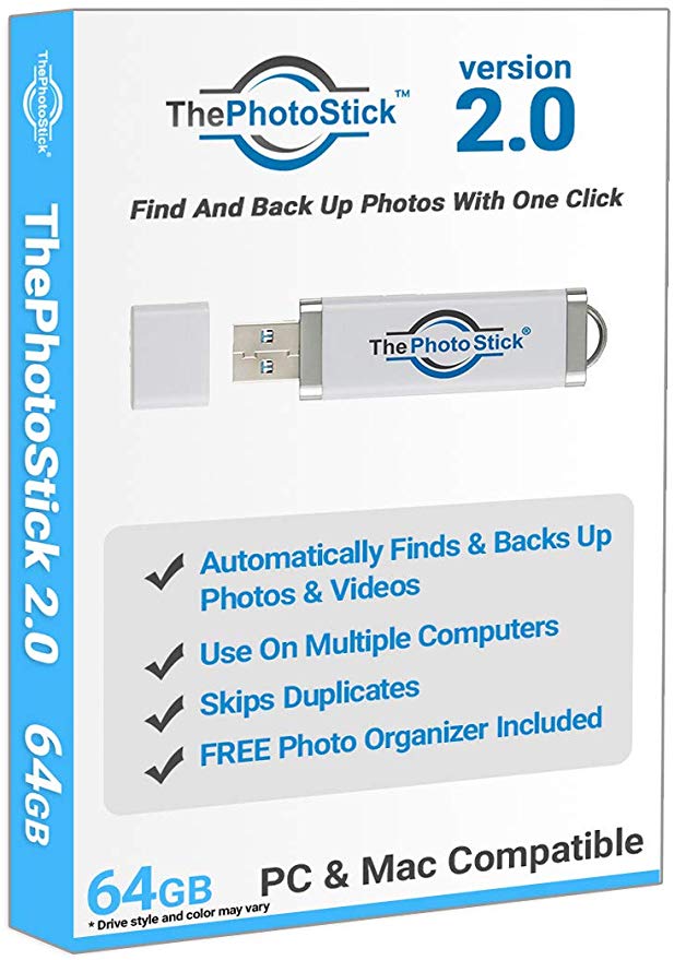 ThePhotoStick 2.0 for PC and Mac Computers, 64GB Backup and Storage Device Photos and Videos, Now with Free Photo/Video Organizer