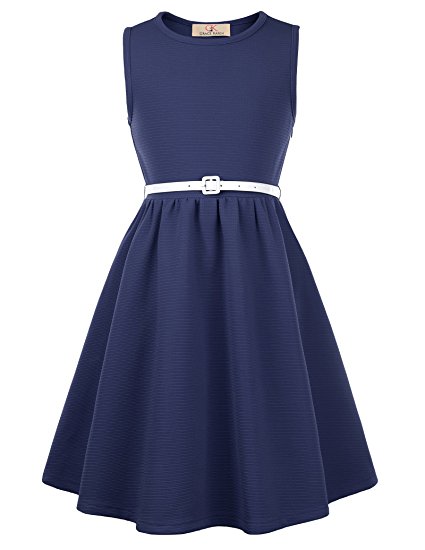 GRACE KARIN Girls Retro Sleeveless Swing Dresses With Belt