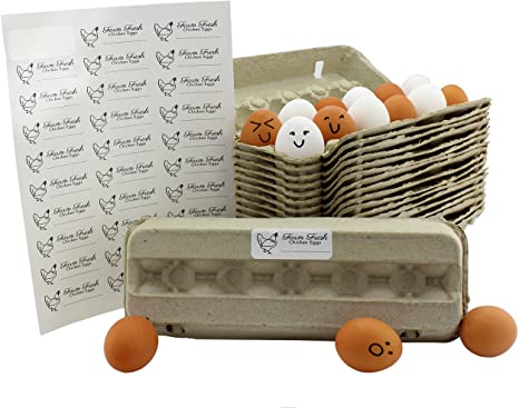 Cardboard Egg Cartons (18-Pack); Each for One Dozen, Eco-friendly Recycled Material Biodegradable 12-count Egg Cartons w/Labels