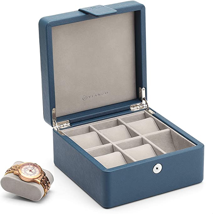 Vlando 6-Slot Watch Box Organizer Collector - Wooden Case and Snap Fastener Closure - Gift Packing, Blue