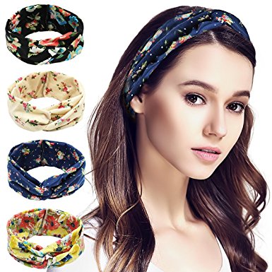 Hippih 4 Pack Women's Headbands Elastic Turban Head Wrap Floal Style Twisted Knotted Hair Band