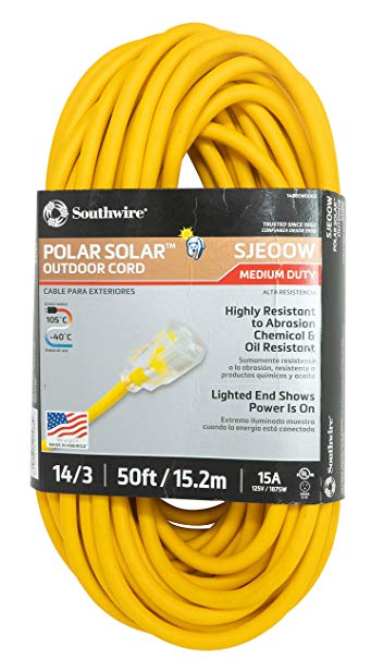 Coleman Cable 14880002 1488SW0002 14/3 Insulated Outdoor Extension Cord with Lighted End, 50-Foot, Feet