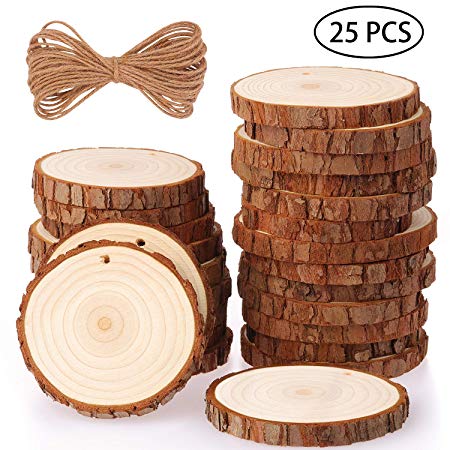 Fuyit Natural Wood Slices 25 Pcs 8-9cm Drilled Hole Unfinished Log Wooden Circles for DIY Crafts Wedding Decorations Christmas Ornaments with Free Gifts