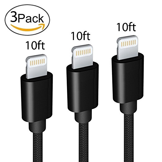 iPhone Charger, 3Pack 10FT Long Nylon Braided Lightning Cable USB Charger Cord Compatible with iPhone 7/ 7Plus/ 6/ 6Plus/ 6s/ 6s Plus/ 5s/ 5c/ 5/ SE/ iPad / iPod