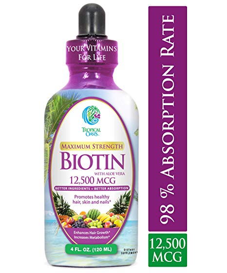 Maximum Strength Liquid Biotin Drops w/ 12,500 MCG- Best Vitamins for Fast Hair Growth, Reduced Hair Loss, Healthy Skin & Strong Nails -5X More Potent vs Pills- Max 98% Absorption- Vegan, Non-GMO- 4oz