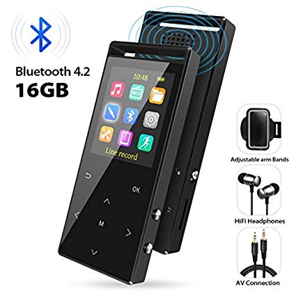 MP3 Player with Bluetooth, 16GB Portable Digital Music Player with FM Radio/Recorder, HiFi Lossless Sound Quality, Music Direct Recording ，Expandable up to 128GB TF Card, with Armband, Black