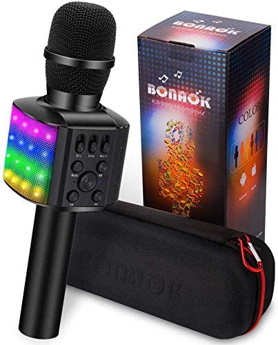 BONAOK Upgraded Wireless Bluetooth Karaoke Microphone with Flashing Colorful LED Lights, 4 in 1 Portable Bluetooth Karaoke Machine Home Party Speaker Christmas Gift for Android/iPhone/PC (Black)