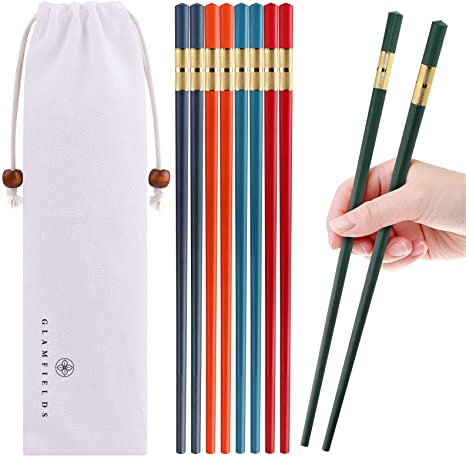 5 Pairs Fiberglass Chopsticks, GLAMFIELDS Reusable Japanese Chinese Chop sticks Dishwasher Safe, Non-slip, 9 1/2 inches - Multicolor with Multi-purpose Cotton Drawstring Bag Carrying Case