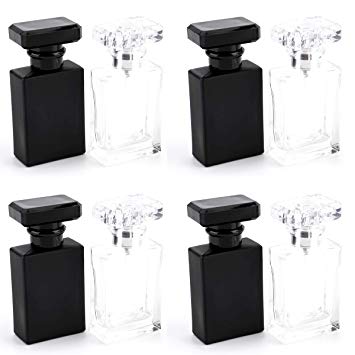 Foraineam 8 Pack 30ml / 1 oz. Refillable Perfume Bottle, Portable Square Empty Glass Perfume Atomizer Bottle with Spray Applicator, Transparent and Black Assorted