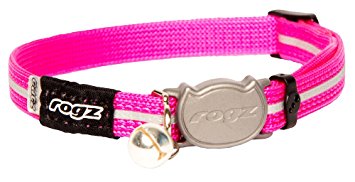 Rogz Reflective Nylon Cat Collar with Breakaway Clip and Removable Bell, fully adjustable to fit most breeds, Pink