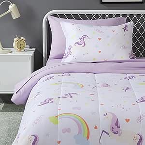 Amazon Basics Microfiber Kid's Bed-in-a-Bag 5 Piece Bedding Set, Twin, Unicorn Print