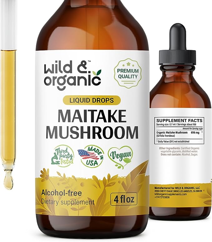 Maitake Mushroom Liquid Extract - Organic Maitake Mashrooms Tincture - Vegan, Alkohol Free Mushroom Supplement - Non-GMO - Made in The USA - 4 fl. oz. Bottle